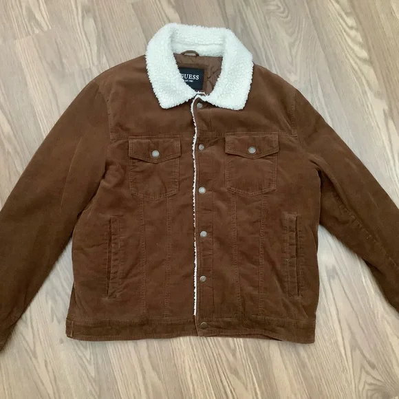 GUESS  Sherpa Trimmed Corduroy Trucker Jacket  Brown Women Size XL - Picture 4 of 12